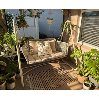 2-Seat Cloud Swing Chair with Stand, Patio Wicker Bench Glider Loveseat Hanging Swing