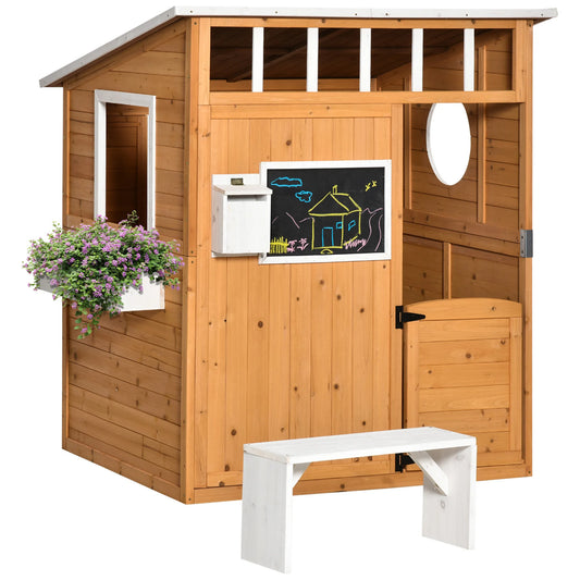 Wooden Playhouse for Kids Outdoor with Working Door, Windows, Mailbox, Bench, Flowers Pot Holder, 48" X 42.5" X 53"