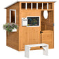 Wooden Playhouse for Kids Outdoor with Working Door, Windows, Mailbox, Bench, Flowers Pot Holder, 48" X 42.5" X 53"