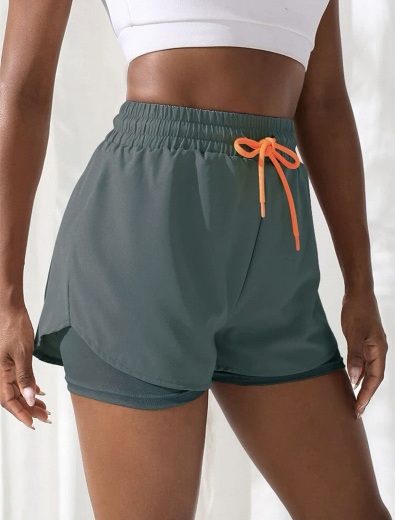 Mermaid Curve Breathable Letter Graphic 2 In 1 Sport Shorts Women Quick Dry Running Shorts Drawstring Waistband Fitness