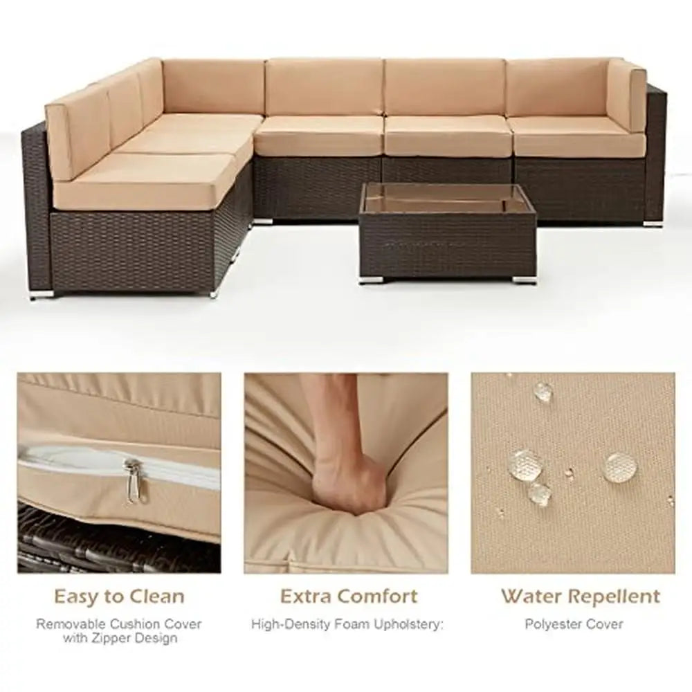Outdoor Patio Furniture Set 7 Piece Wicker Sofa Sectional Set with Cushions & Tea Table brown