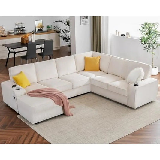 Beige Corduroy U Shaped Sofa 7 Seater with USB Ports & Storage , Comfortable