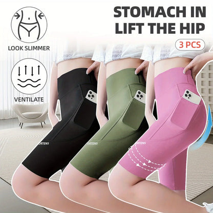 3PC Set Sports Wear Pockets High Waist Lady Yoga Pants Athletic