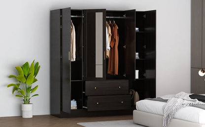 Wooden wardrobe with mirror, 5 shelves, 2 drawers, 2 hangers, and 4 doors,  and storage cabinet in bedroom