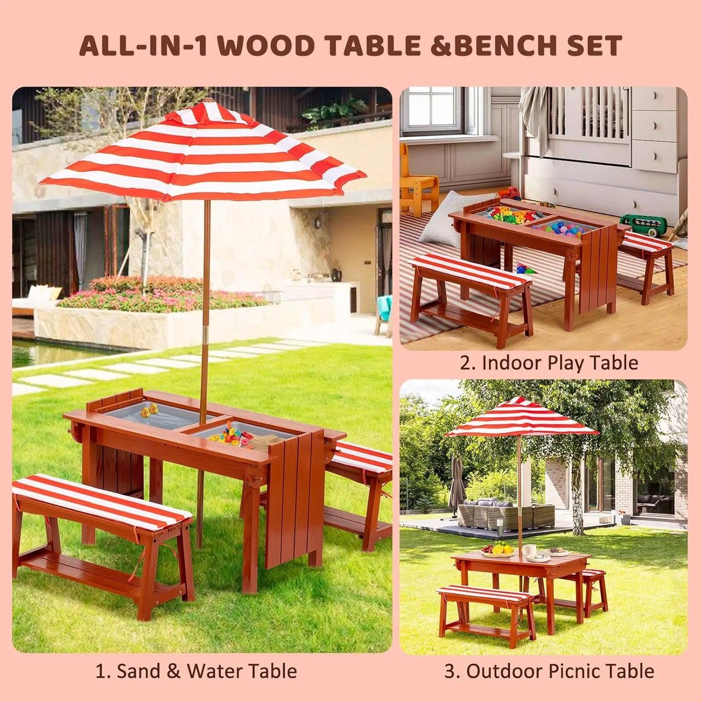 Kids Picnic Table with Umbrella, Outdoor Wooden Table & Bench Set w/Cushions & 2 Removable Boxes, 4-in-1 Children Sand & Water table