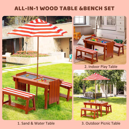 Kids Picnic Table with Umbrella, Outdoor Wooden Table & Bench Set w/Cushions & 2 Removable Boxes, 4-in-1 Children Sand & Water table
