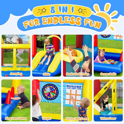 8 in 1 Inflatable Bounce House with Blower Basketball Hoop Ocean Balls Ring-toss Game