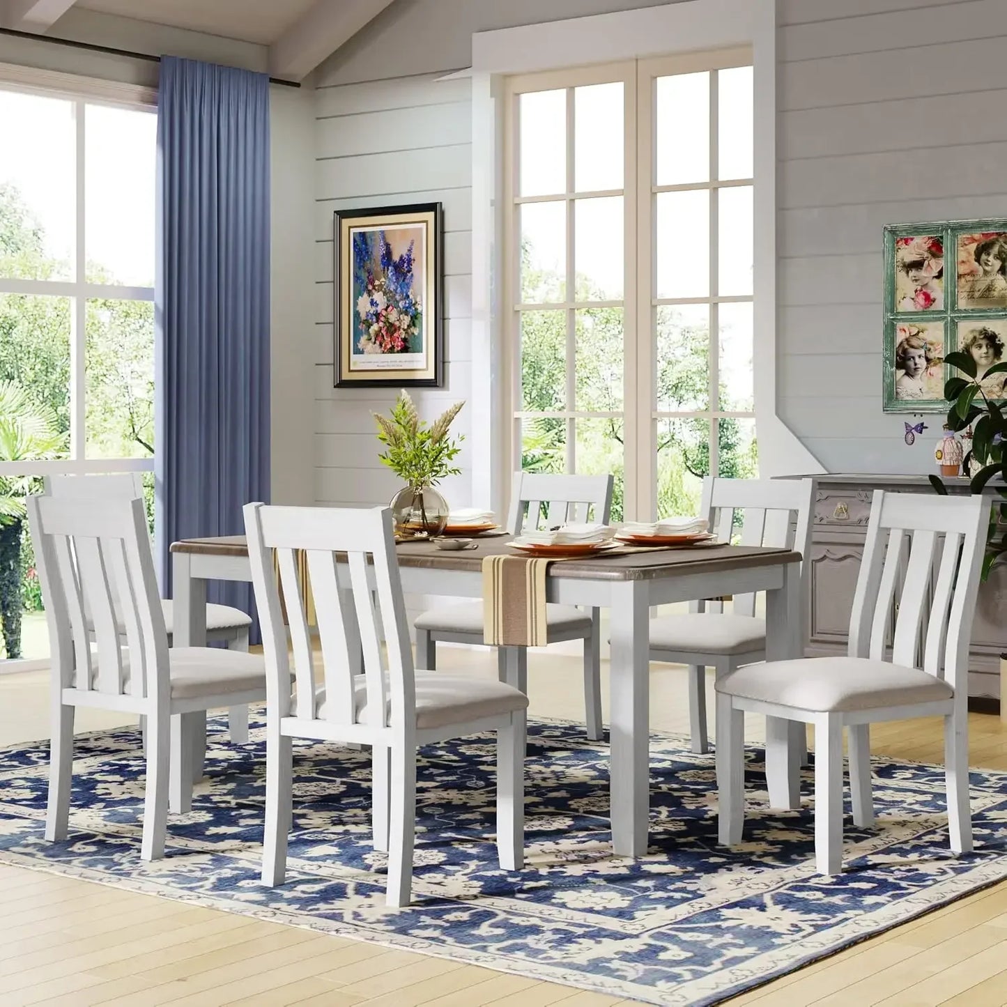 7-Piece Kitchen Dining Table Set for 6, Wood Kitchen Table and 6 Upholstered Chairs with Backrest