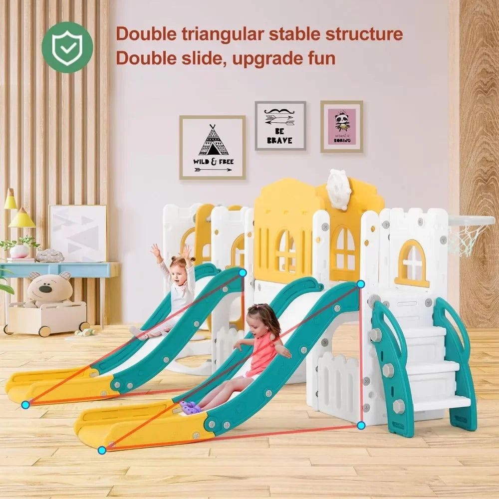 10 in 1 Toddler Slide, Double Climber Slide Playset w/Swing, Basketball Hoop, Indoor Outdoor Backyard Playground for Toddlers