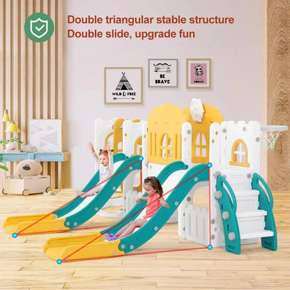 10 in 1 Toddler Slide, Double Climber Slide Playset w/Swing, Basketball Hoop, Indoor Outdoor Backyard Playground for Toddlers