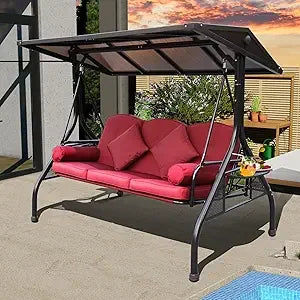 Outdoor Porch Swing with Polycarbonate Hardtop, 3 Seat Patio Swing with Convertible Backrest, 2 Side Cup Holder, Thickened Cush