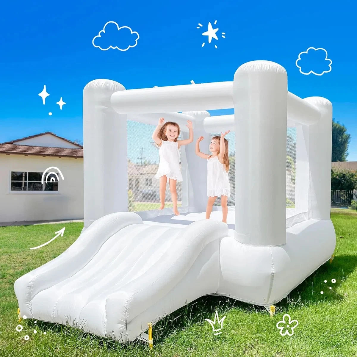 Mini White Jumping Castle For Kids Birthday Party Decoration Inflatable Bouncy Castle Outdoor With Slide Blower