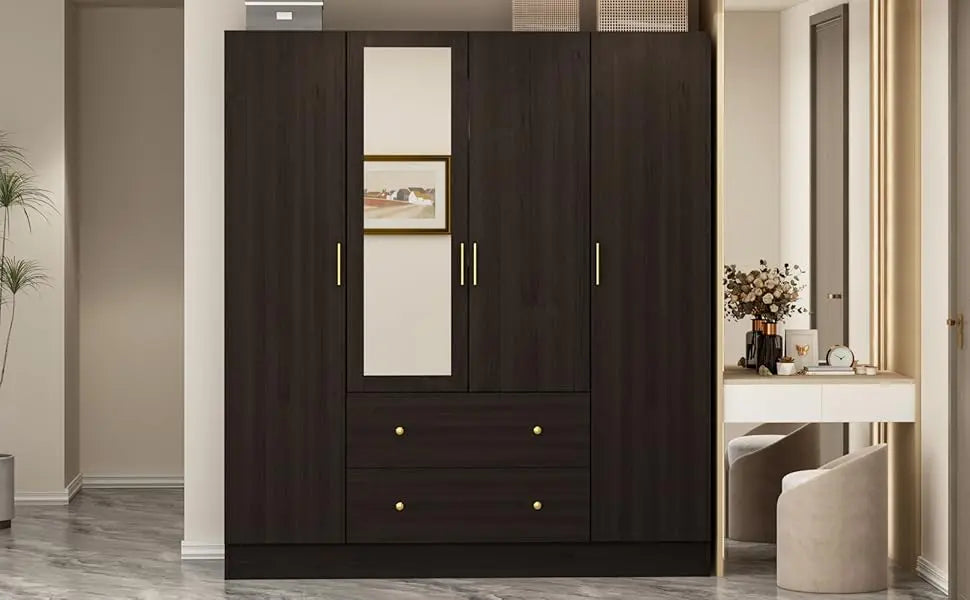 Wooden wardrobe with mirror, 5 shelves, 2 drawers, 2 hangers, and 4 doors,  and storage cabinet in bedroom