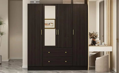 Wooden wardrobe with mirror, 5 shelves, 2 drawers, 2 hangers, and 4 doors,  and storage cabinet in bedroom