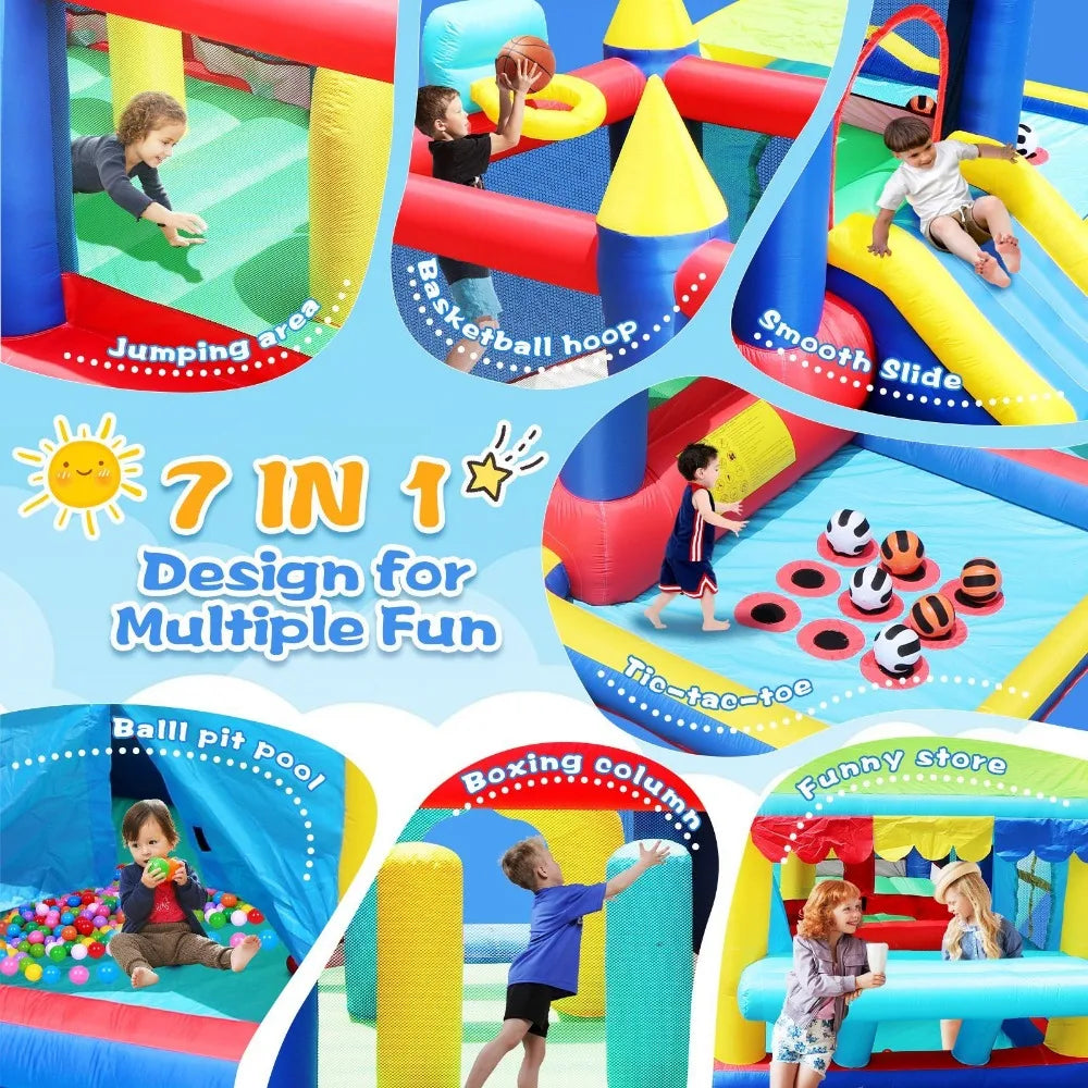 7 in 1 Inflatable Bounce House, with Ball Pit for Kids Indoor Outdoor Family Fun, Toddler Jump Bouncy Castle