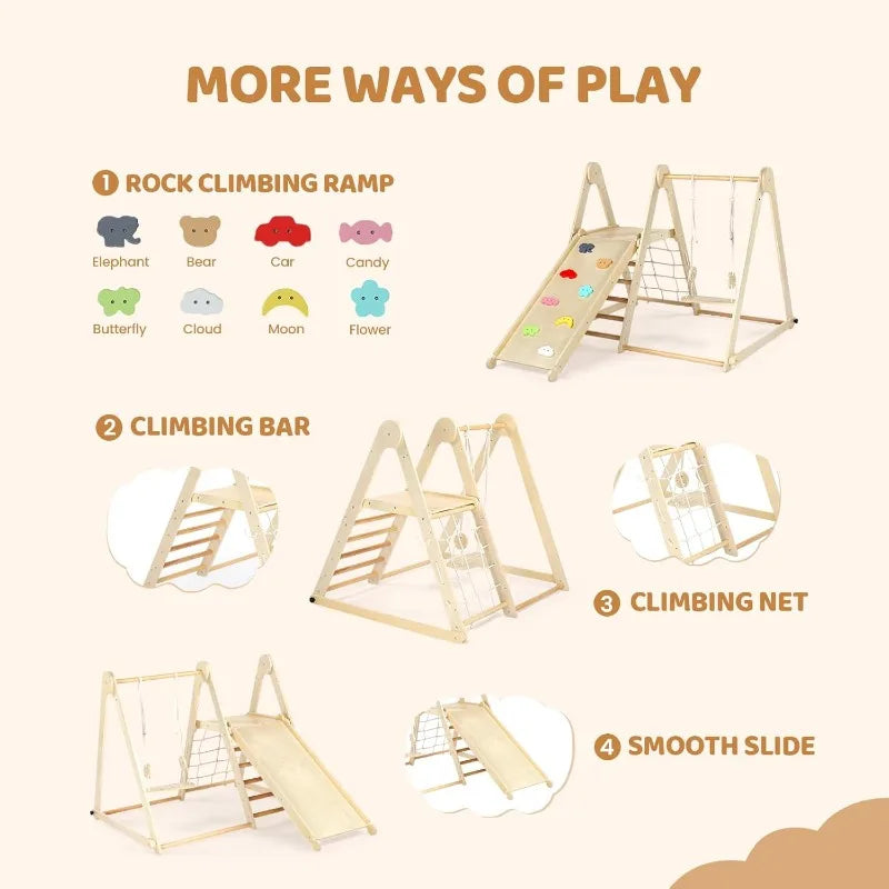 7-in-1 Indoor Jungle Gym, Climbing Set with Adjustable Swing & Secret Base Playground, for Toddlers with Net, Ladder