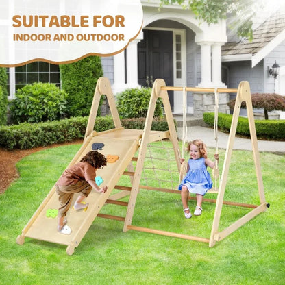 7-in-1 Indoor Jungle Gym, Climbing Set with Adjustable Swing & Secret Base Playground, for Toddlers with Net, Ladder