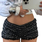 Women s Lace Trim Elastic Waist Pajama Shorts with Ruched Detail.
