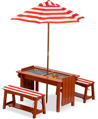 Kids Picnic Table with Umbrella, Outdoor Wooden Table & Bench Set w/Cushions & 2 Removable Boxes, 4-in-1 Children Sand & Water table