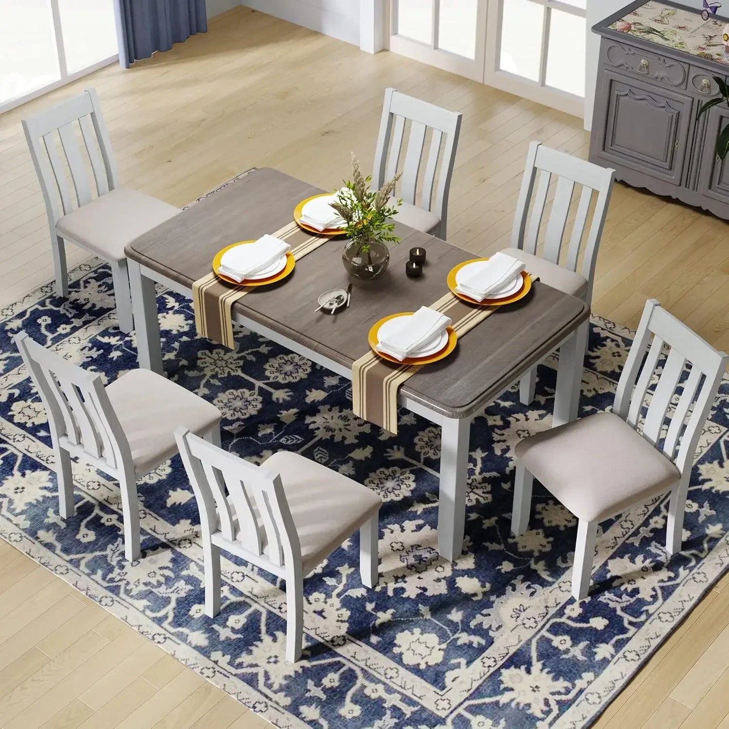 7-Piece Kitchen Dining Table Set for 6, Wood Kitchen Table and 6 Upholstered Chairs with Backrest