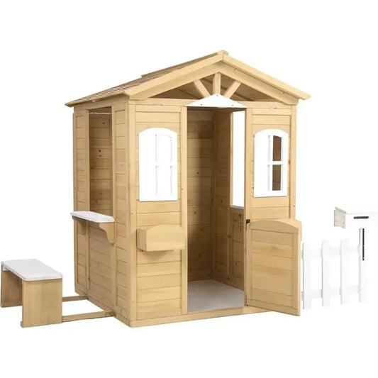 Playhouse for Age 3-6 Years Wood Cottage w/Mailbox Bench Door Windows Flowerpot Holders