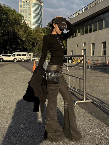 Black Low Waist Cargo Jeans Multi-pocket Stretch Bootcut Pants Women