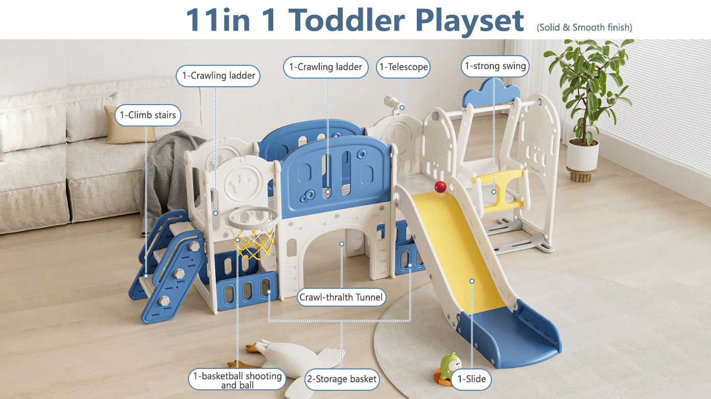 Kids Slide for Toddlers Age 1-4, 11in 1 Baby Slide Outdoor Indoor Playground with Basketball Hoop