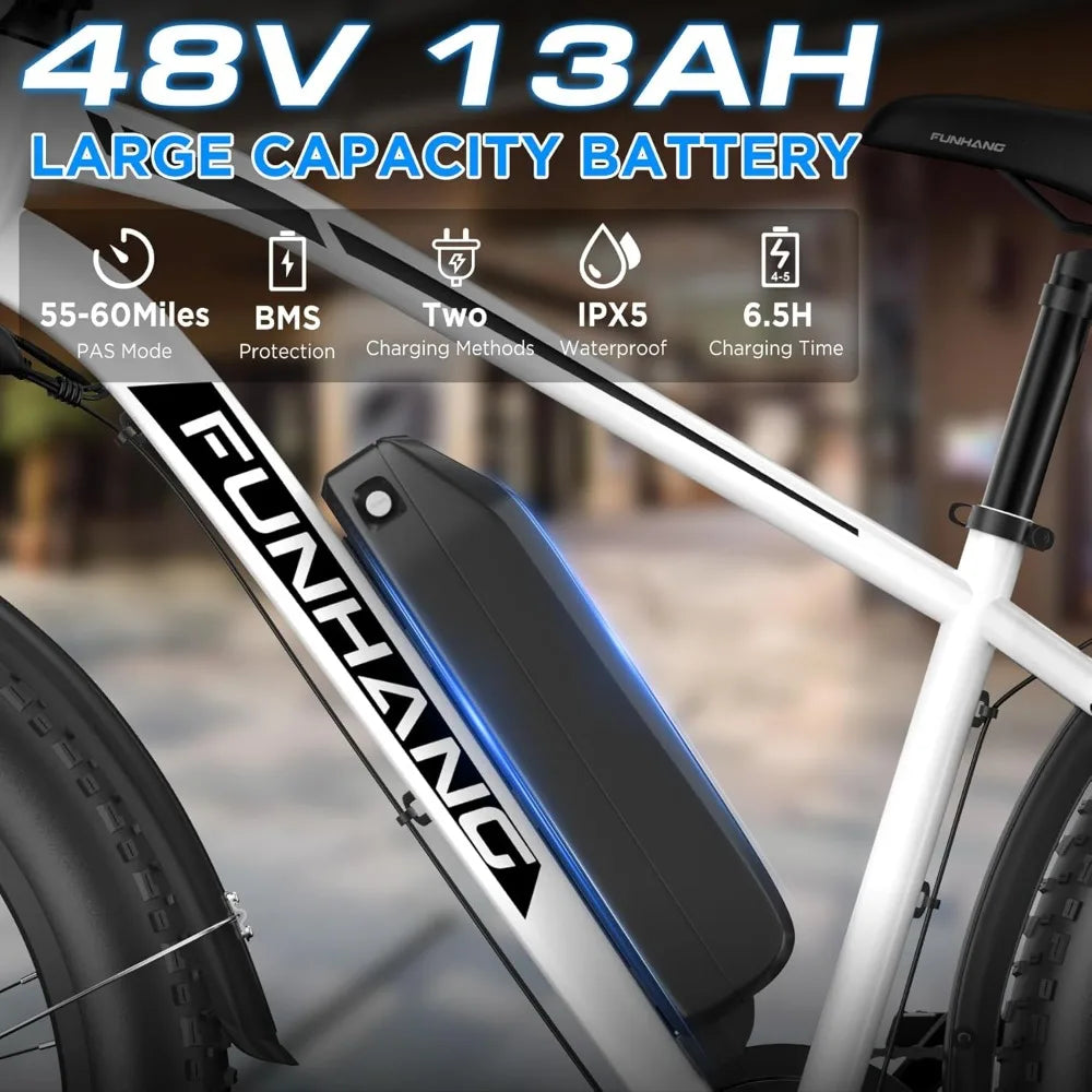 Electric Bike, 1000W Peak E bike, , 26" Fat Tire Electric Bicycle with 48V 13AH Battery, 7 Speed