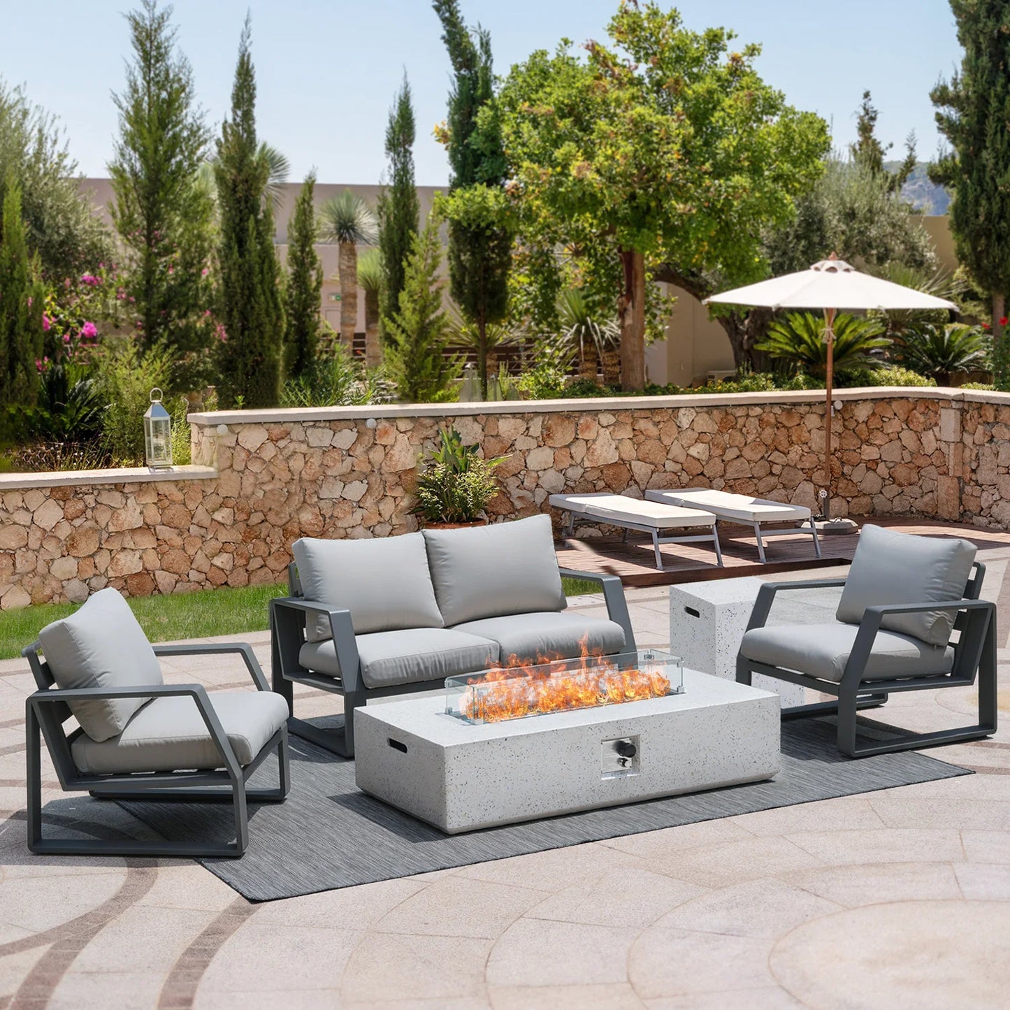3-Piece Outdoor Propane Fire Table Set, 56-inch x 28-inch Gray (50,000 BTU'S, Wind Glass