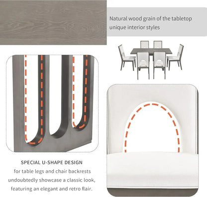 7-Piece Kitchen Dining Table Set for 6, Wood Kitchen Table and 6 Upholstered Chairs with Backrest