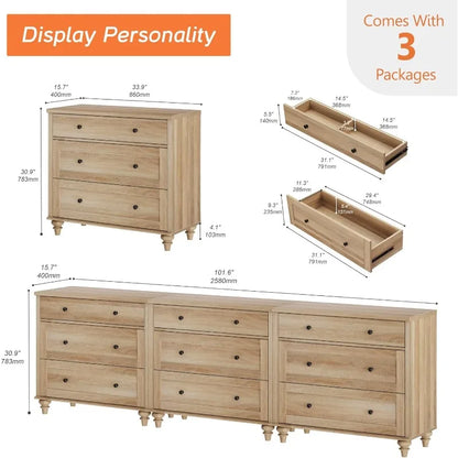 Dresser for Bedroom with 9 Drawers, Oak Kids Dressers with Wide Chest of Drawers