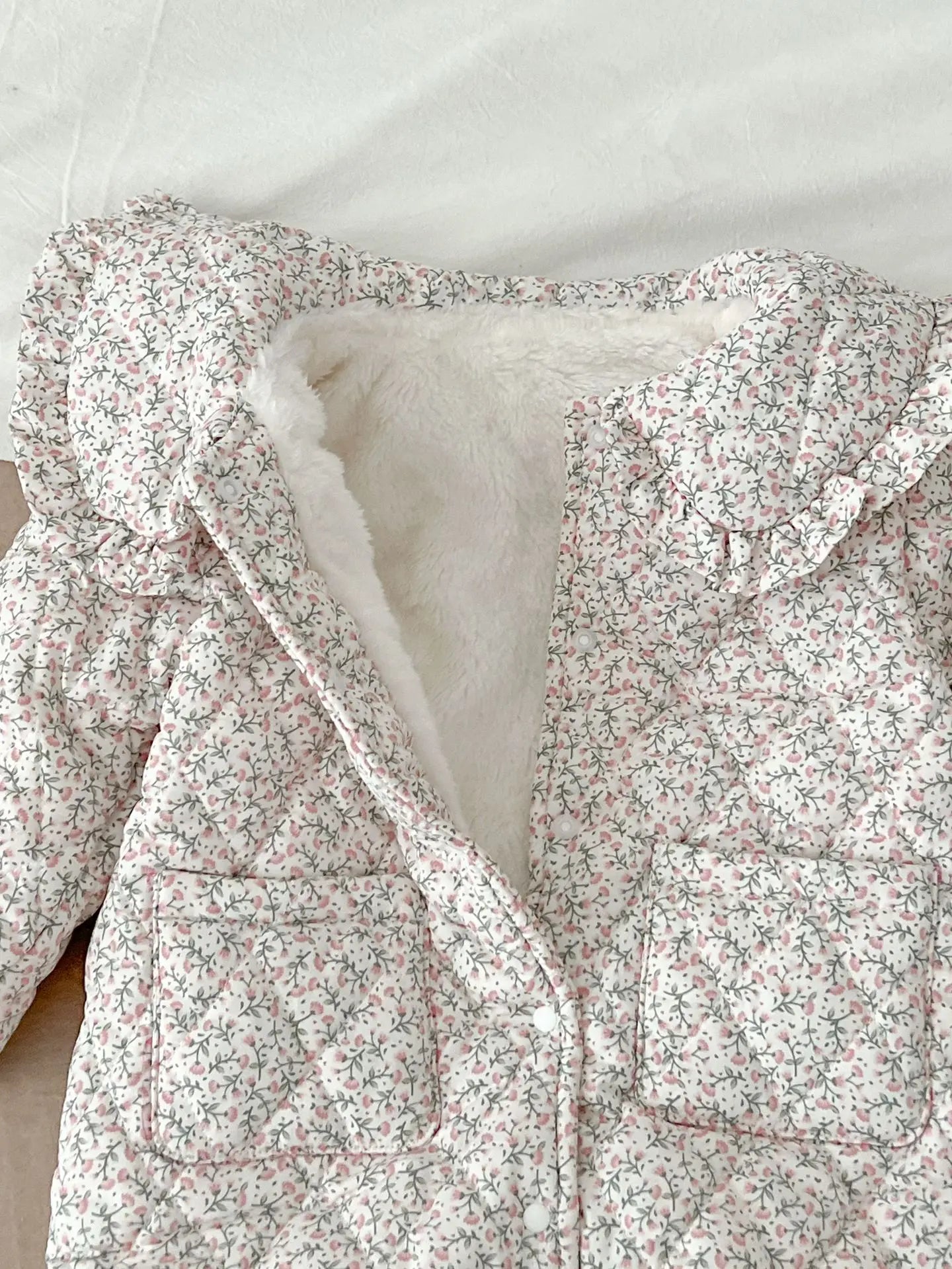 Winter New Baby Girl Warm Coat Cotton Infant Large Lapel Floral Padded Jacket Plus Velvet Thick Kids Cardigan