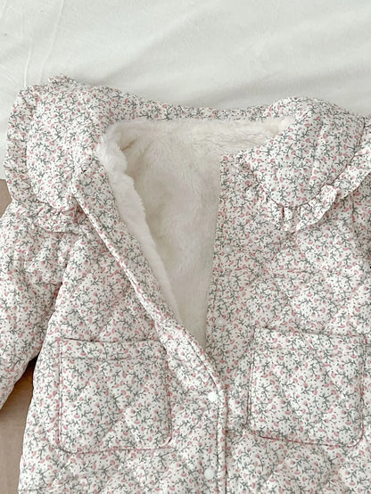 Winter New Baby Girl Warm Coat Cotton Infant Large Lapel Floral Padded Jacket Plus Velvet Thick Kids Cardigan