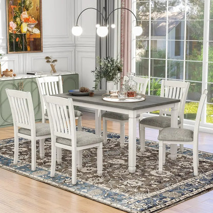 7-Piece Kitchen Dining Table Set for 6, Wood Kitchen Table and 6 Upholstered Chairs with Backrest