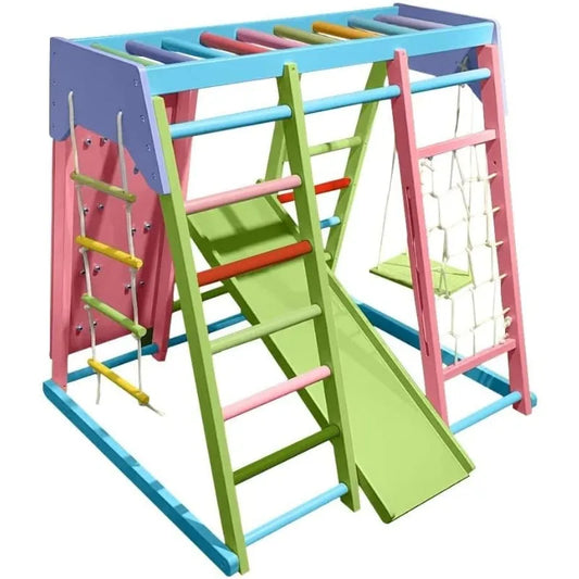 Indoor Playground 7-in-1 Jungle Gym Playset for Kids 2-6yrs - Slide, Climbing Wall, Rope Wall Climber