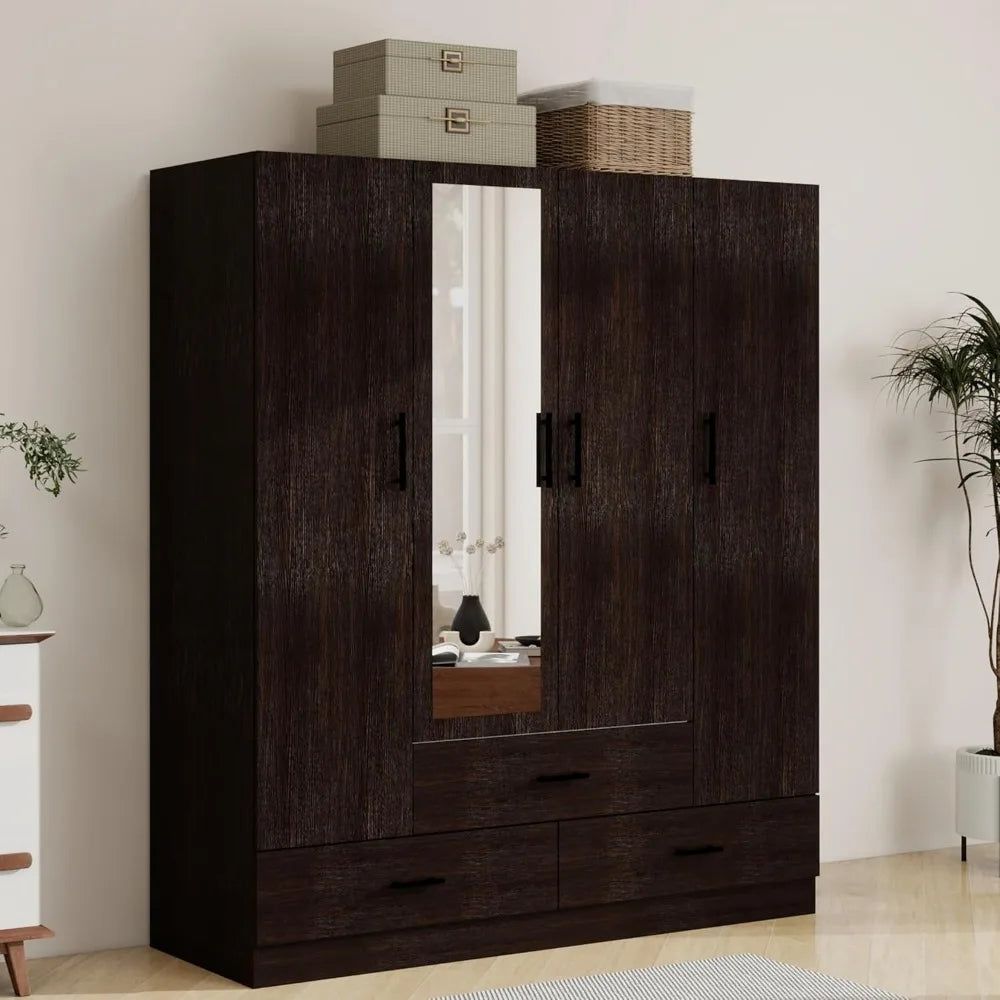 71" H Armoire Wardrobe, 3-Drawer & Shelved Bedroom Armoire with 4 Doors, Mirror & Hanging Rod.