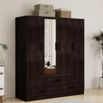 71" H Armoire Wardrobe, 3-Drawer & Shelved Bedroom Armoire with 4 Doors, Mirror & Hanging Rod.