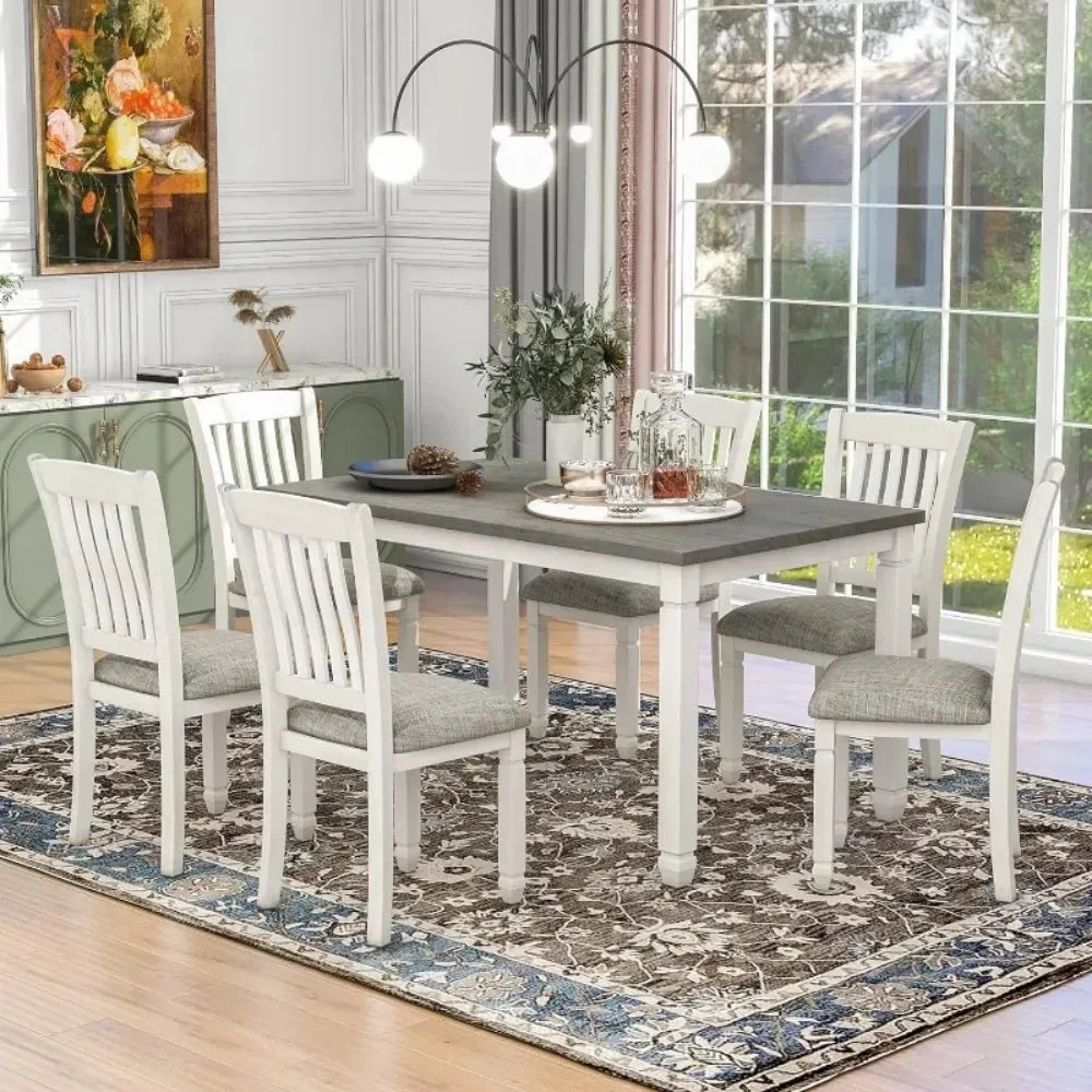 7-Piece Kitchen Dining Table Set for 6, Wood Kitchen Table and 6 Upholstered Chairs with Backrest