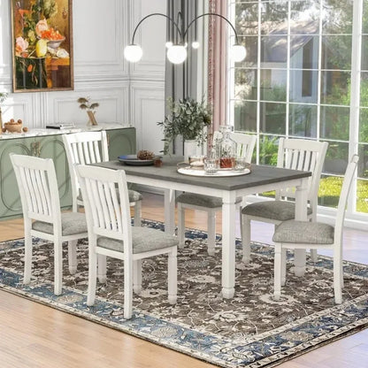 7-Piece Kitchen Dining Table Set for 6, Wood Kitchen Table and 6 Upholstered Chairs with Backrest