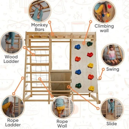 Indoor Playground 7-in-1 Jungle Gym Playset for Kids 2-6yrs - Slide, Climbing Wall, Rope Wall Climber