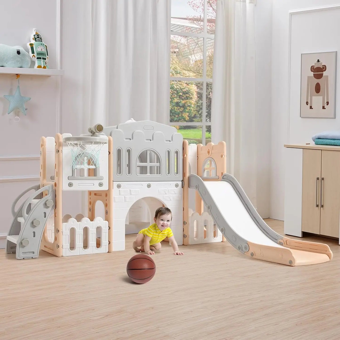 8 in 1 Indoor Kids Slide for Toddler 1-3,Indoor Playground with Slide,Basketball Hoop,Climber,TelescopeTunnel