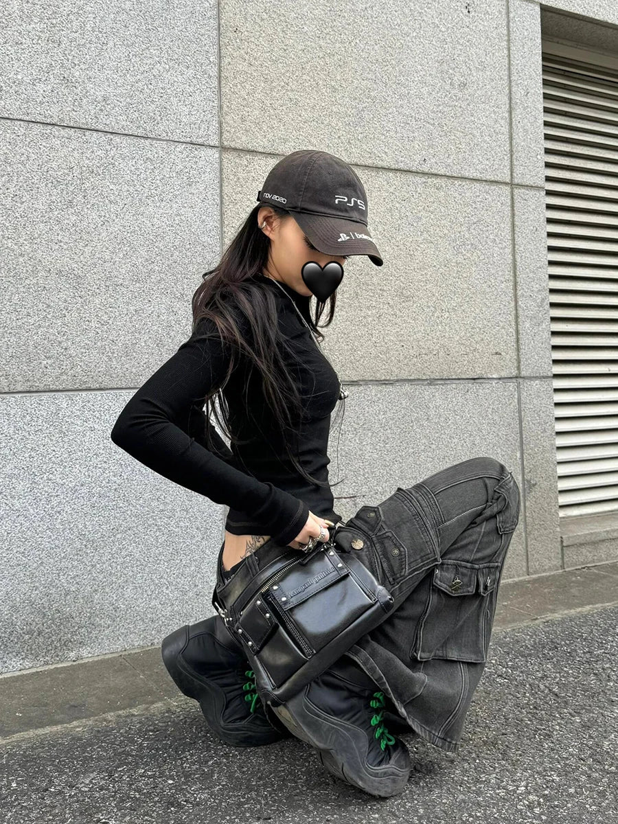 Black Low Waist Cargo Jeans Multi-pocket Stretch Bootcut Pants Women