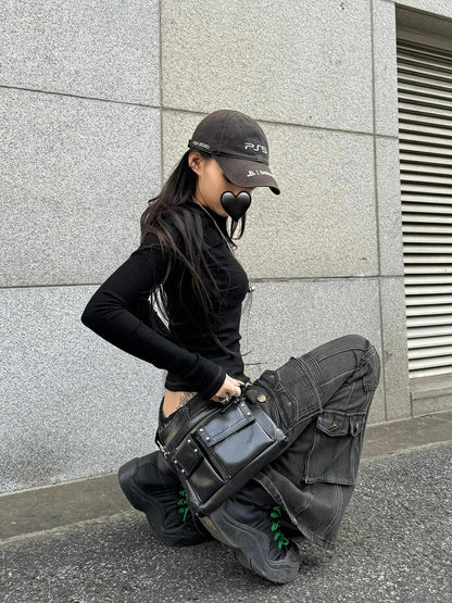 Black Low Waist Cargo Jeans Multi-pocket Stretch Bootcut Pants Women