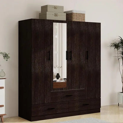 71" H Armoire Wardrobe, 3-Drawer & Shelved Bedroom Armoire with 4 Doors, Mirror & Hanging Rod.