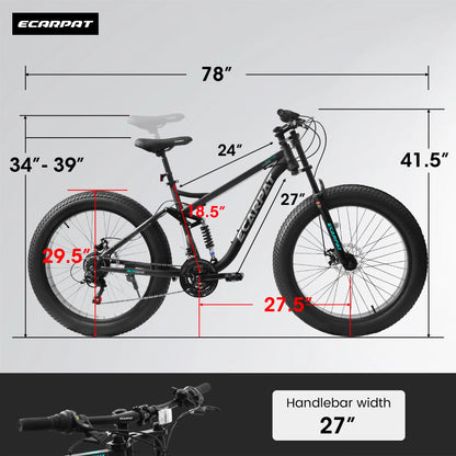 26 inch Mountain Bike,  21 Speeds, Drivetrain with Disc-Brake , 26*4" Fat tire Bike for Men or Women.