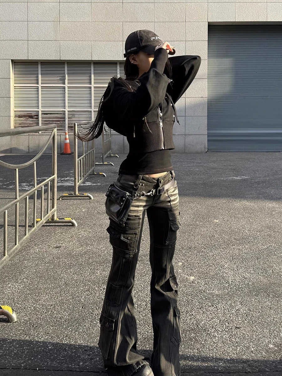 Black Low Waist Cargo Jeans Multi-pocket Stretch Bootcut Pants Women
