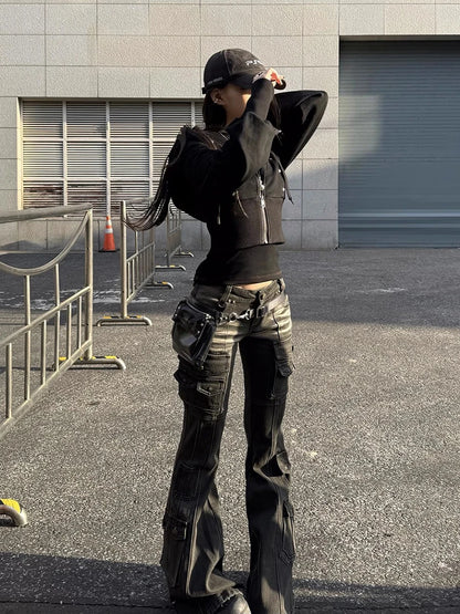 Black Low Waist Cargo Jeans Multi-pocket Stretch Bootcut Pants Women