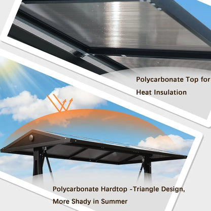 Outdoor Porch Swing with Polycarbonate Hardtop, 3 Seat Patio Swing with Convertible Backrest, 2 Side Cup Holder, Thickened Cush