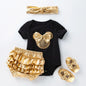 Baby Girl Minnie Mickey Clothing Set Kids Short Sleeve Black White Romper Gold Bloomer Panties Shoes Headband Outfit 0-2 Years