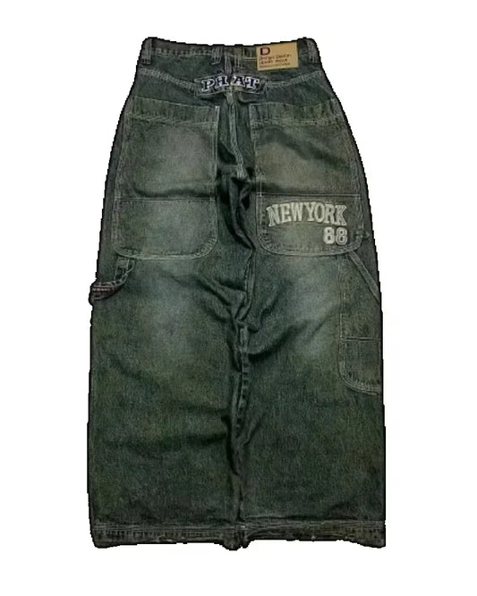 Multi Pocket  Jeans Women Casual Straight Wide-leg Pants Couple Jeans